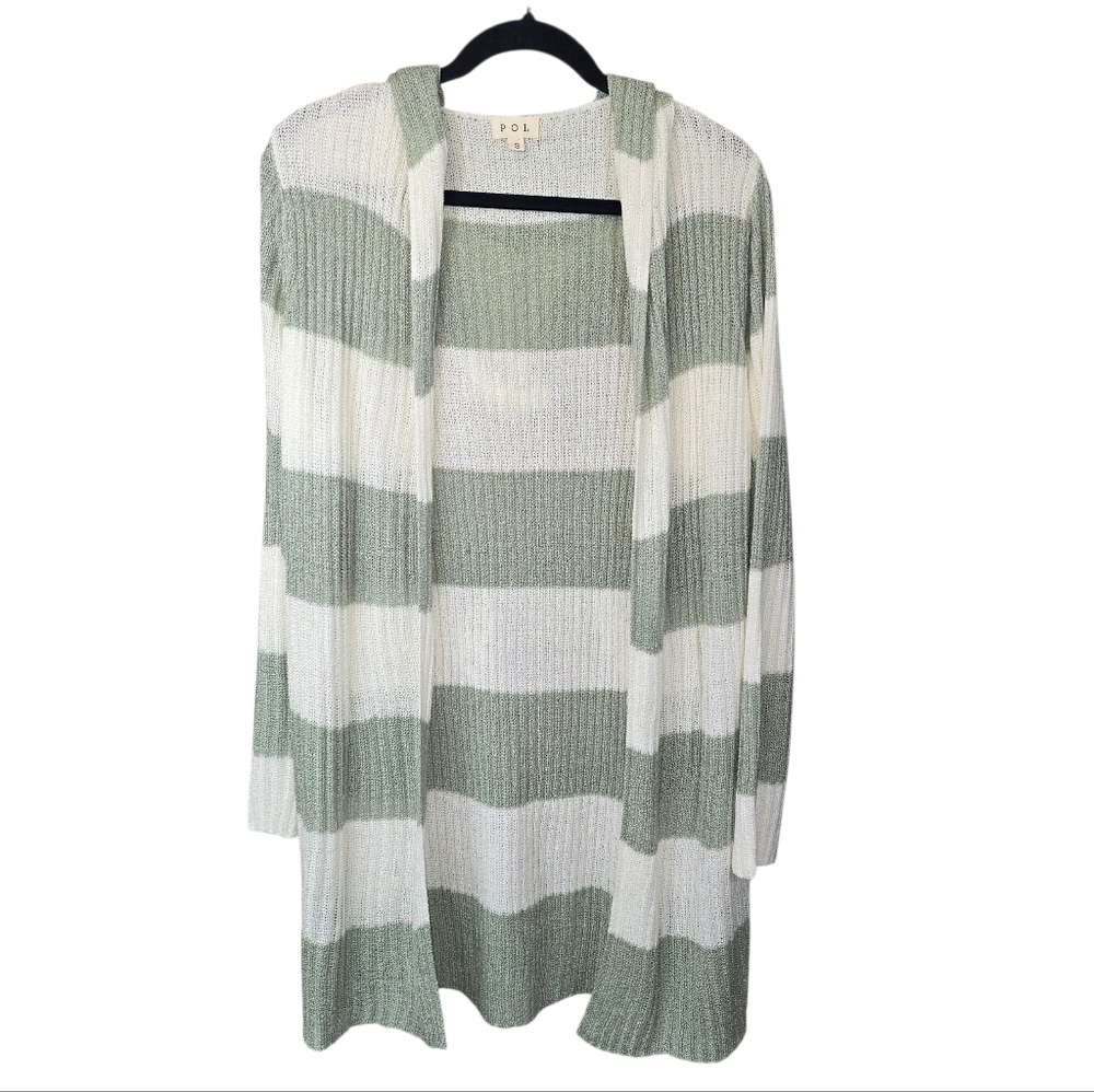 POL Green & Ivory Striped Longline Hooded Open Cardigan Sweater Size S